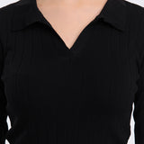Schwarzes Langarm-Poloshirt für Damen